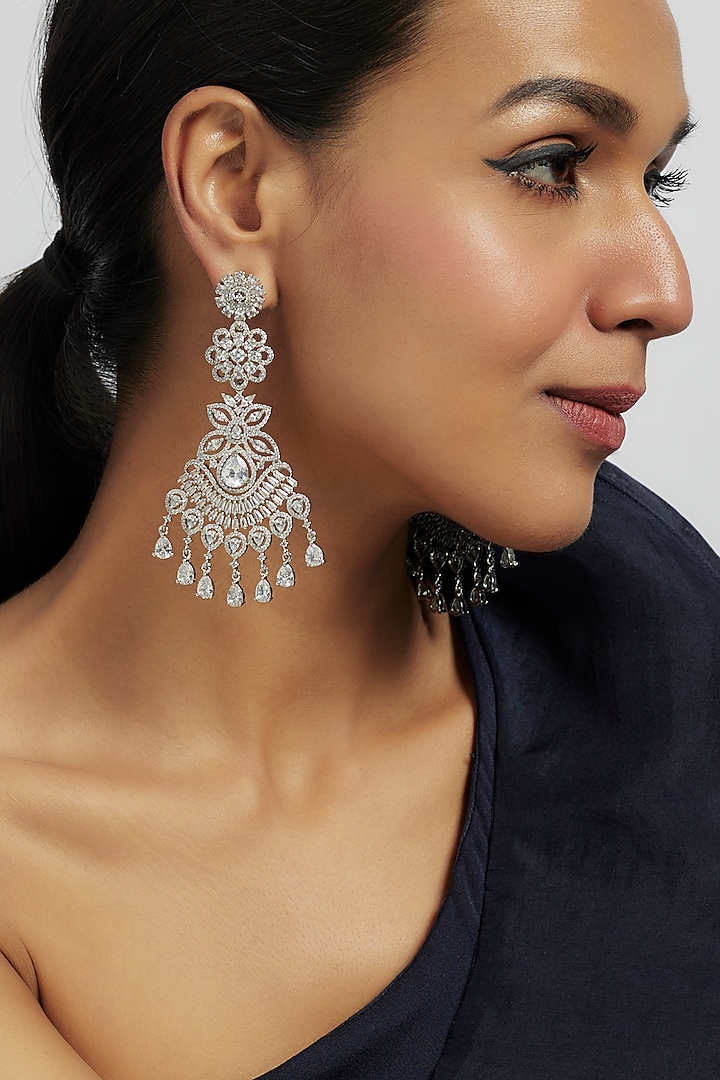 White Finish Zircon Dangler Earrings by Moh-Maya by Disha Khatri at Pernia's Pop Up Shop